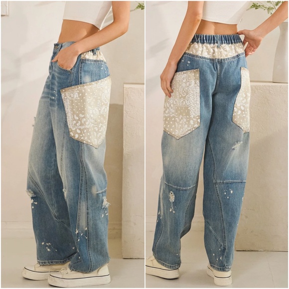 Oli & Hali Medium Wash stretchy waist paisley print Denim Jeans - Picture 2 of 5